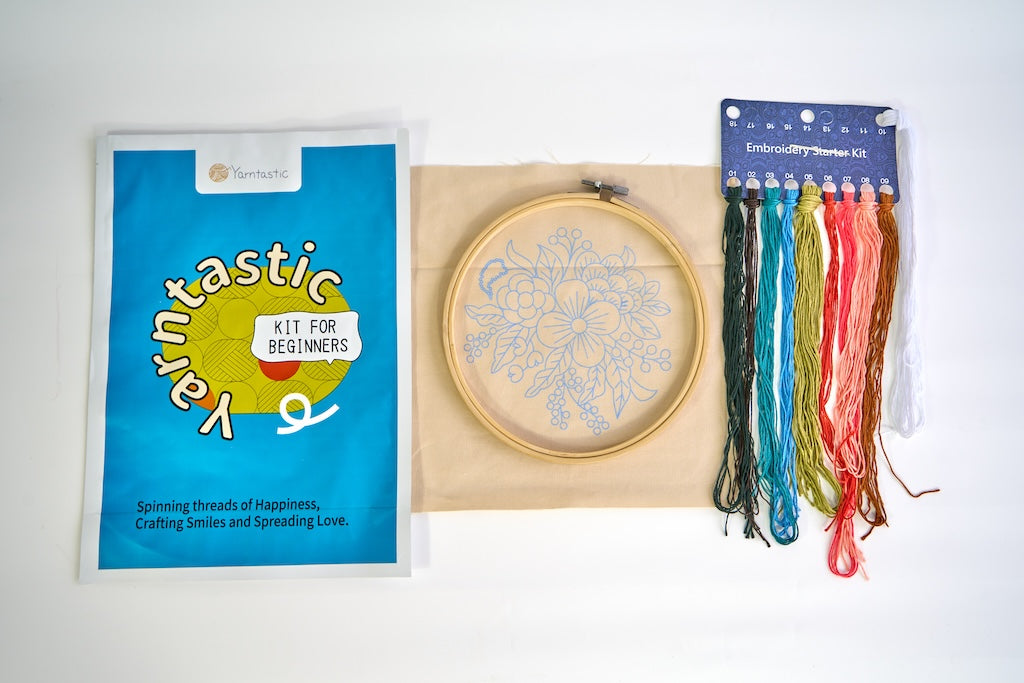 Floral Embroidery Kit for Beginners – Wildflower Bouquet on Natural Linen (Hoop Included)