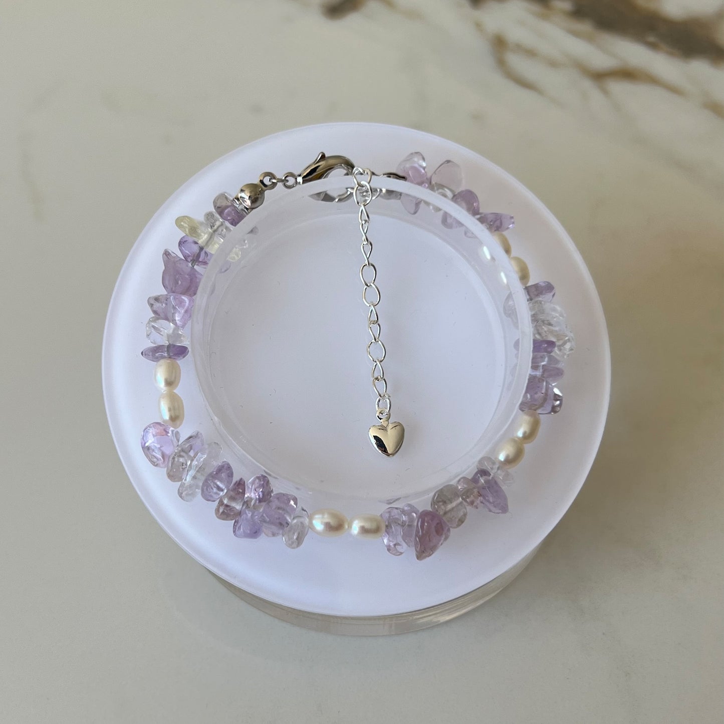 Lavender Amethyst & Fresh Water Pearl Adjustable Bracelet - Promote stress relief and emotional balance ; Fit for wrist size 16 to 20cm