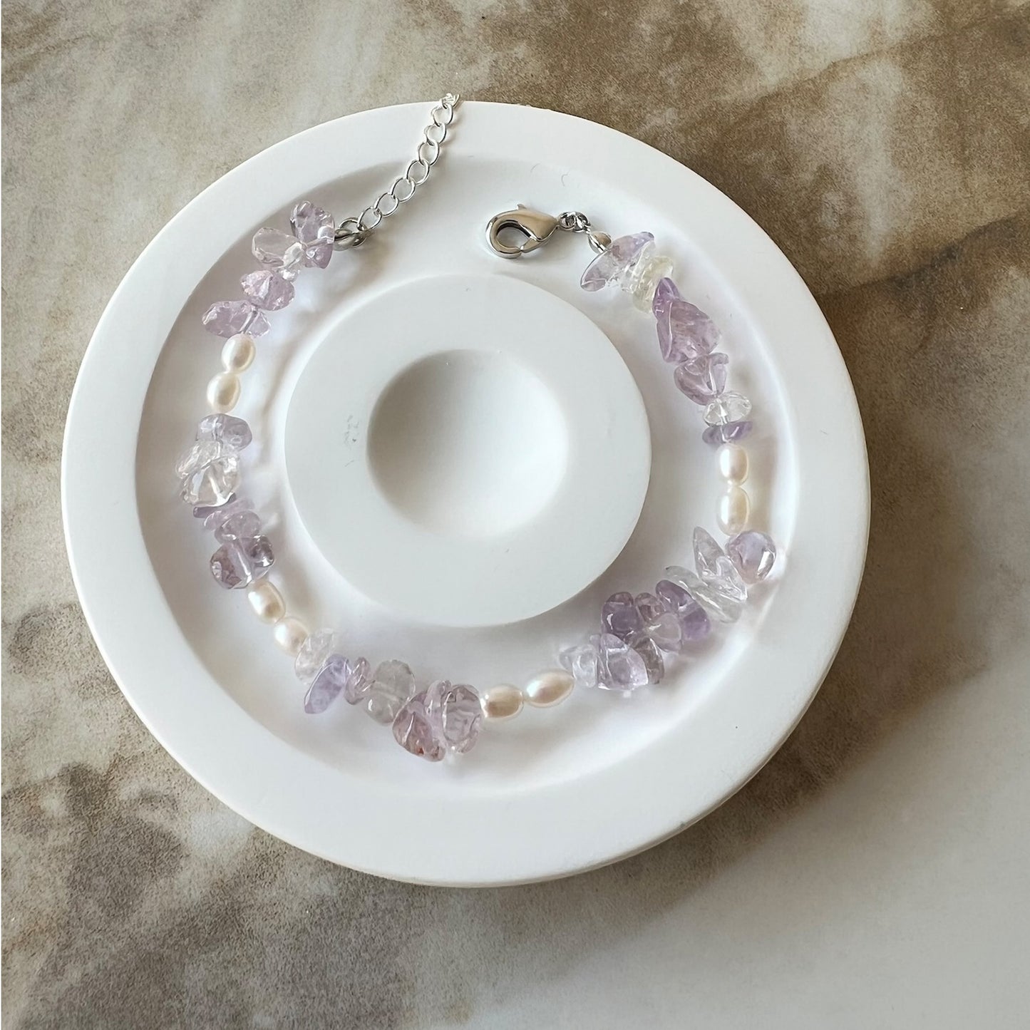 Lavender Amethyst & Fresh Water Pearl Adjustable Bracelet - Promote stress relief and emotional balance ; Fit for wrist size 16 to 20cm