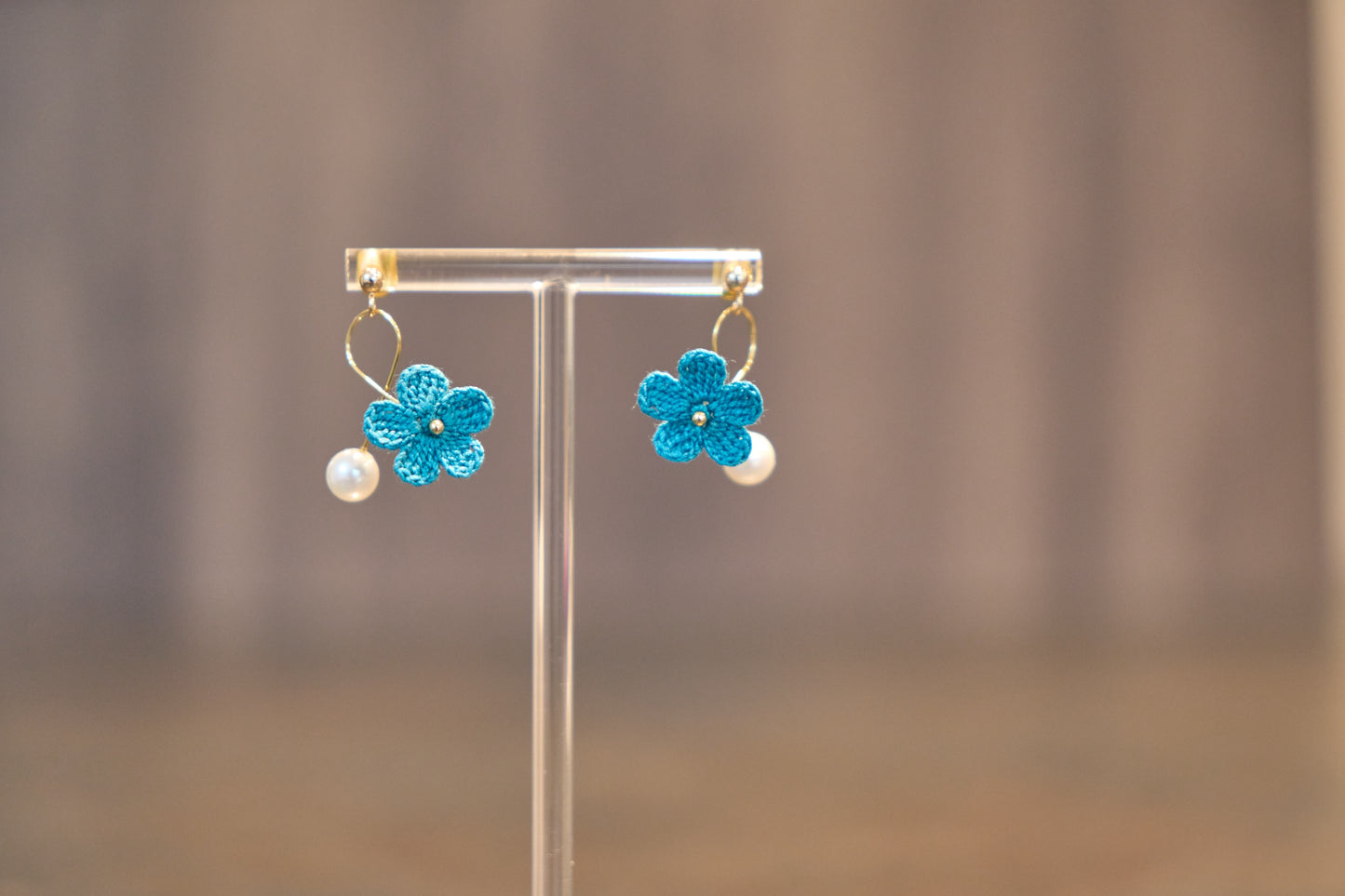 Yarntastic Handmade Micro-crochet 14K Gold Filled Dangle Hoop Earrings twisted with Pearl-looking Beads - Flowers