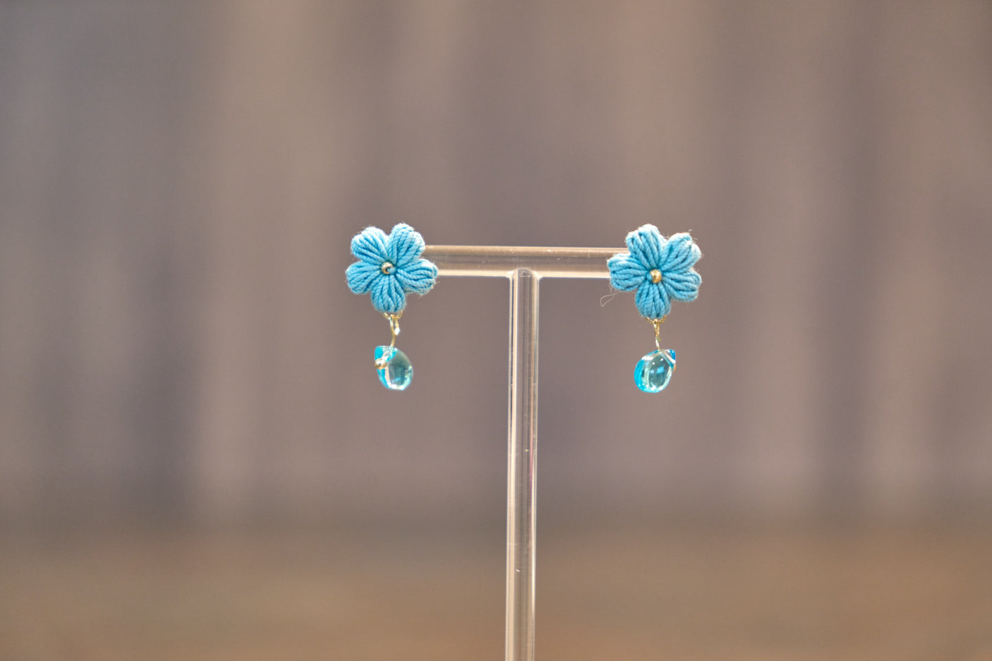 Yarntastic Handmade Micro-crochet 14K Gold Filled Earrings with Crystal Bead - Little Blue Daisy