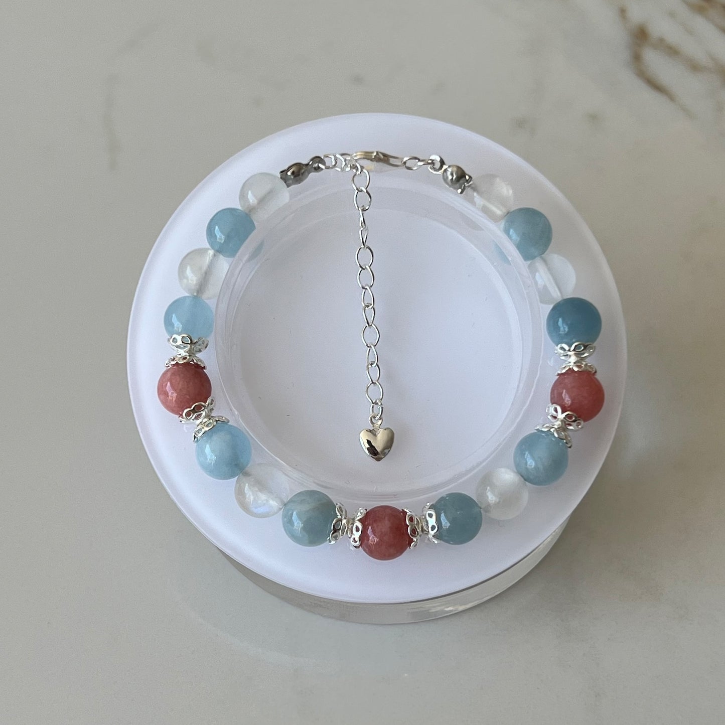 Aquamarine, Moonstone & Rhodonite Adjustable Bracelet - Promote calming, emotional harmony and fostering love; Fit for wrist size 16 to 20cm