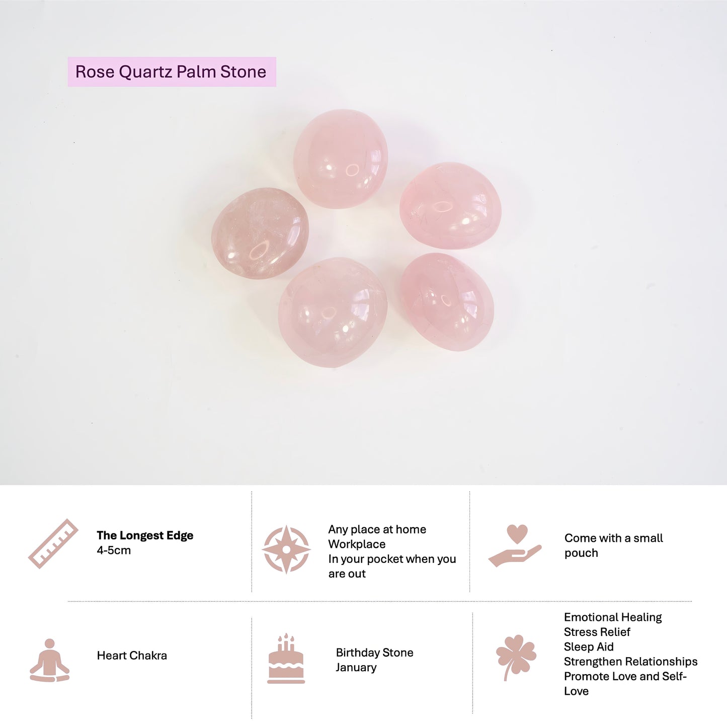 Rose Quartz Palm Stone - Strengthen Relationships, Meditation , Stress Relief, Sleep Aid, Emotional Healing