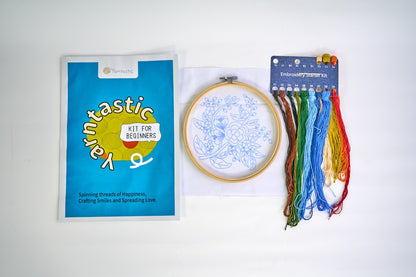 Floral Embroidery Kit for Beginners – Blue Botanical on Sky Blue (Hoop Included)