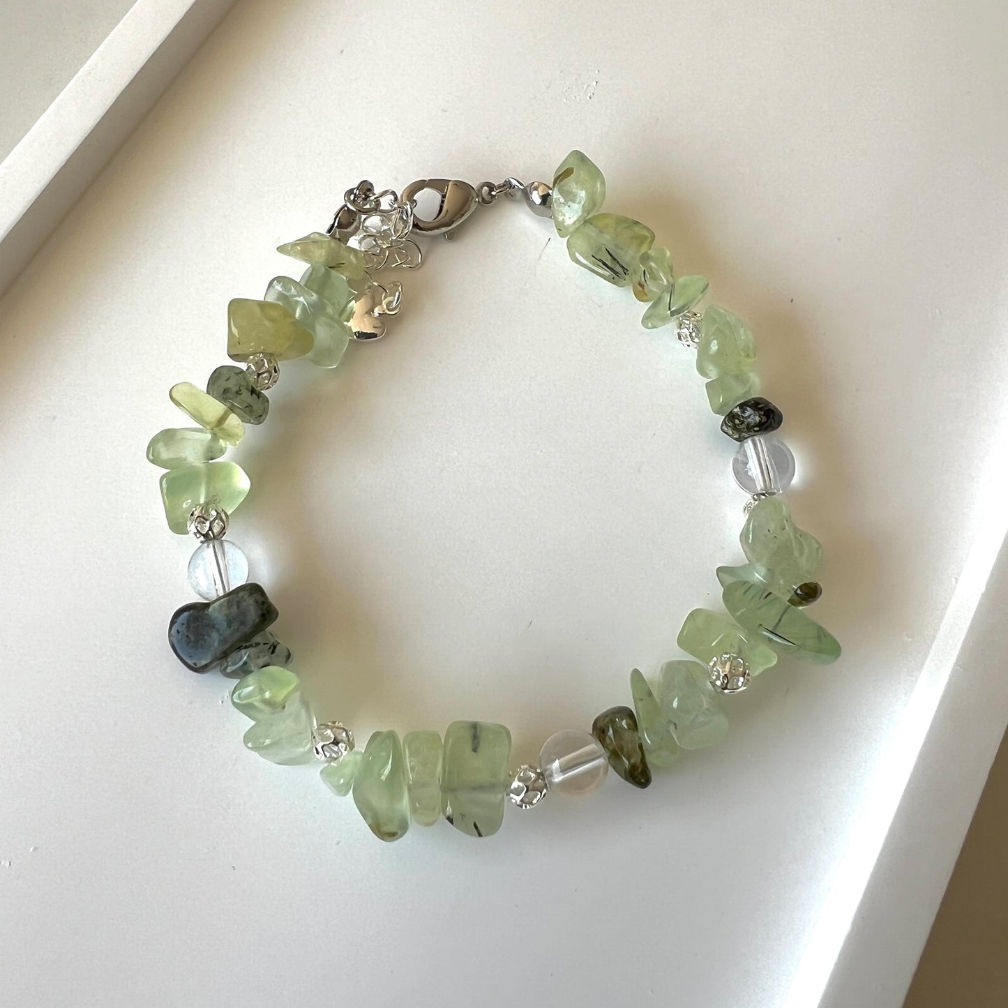 Prehnite & Quartz Adjustable Bracelet - Promote inner healing, release emotional baggage and mental clarity; Fit for wrist size 16 to 20cm