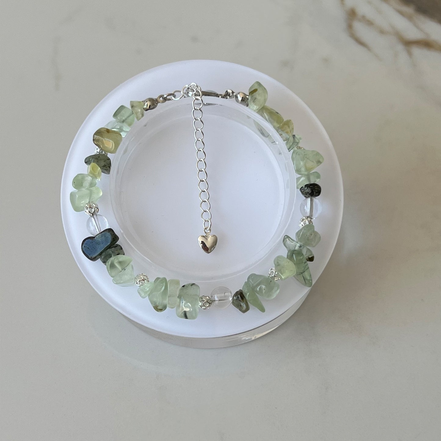 Prehnite & Quartz Adjustable Bracelet - Promote inner healing, release emotional baggage and mental clarity; Fit for wrist size 16 to 20cm