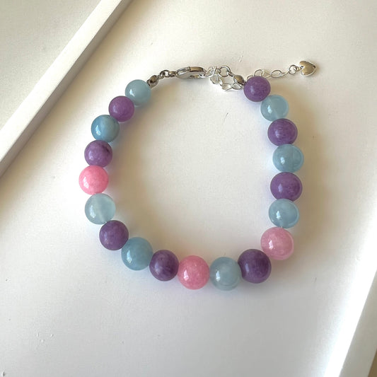 Rose Quartz, Aquamarine & Amethyst Adjustable Bracelet - Promote harmony in relationships and tranquility; Fit for wrist size 16 to 20cm