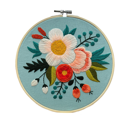 Floral Embroidery Kit for Beginners – Daisy & Peony on Sage Green (Hoop Included)