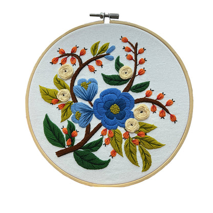 Floral Embroidery Kit for Beginners – Blue Botanical on Sky Blue (Hoop Included)