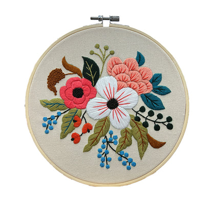Floral Embroidery Kit for Beginners – Wildflower Bouquet on Natural Linen (Hoop Included)