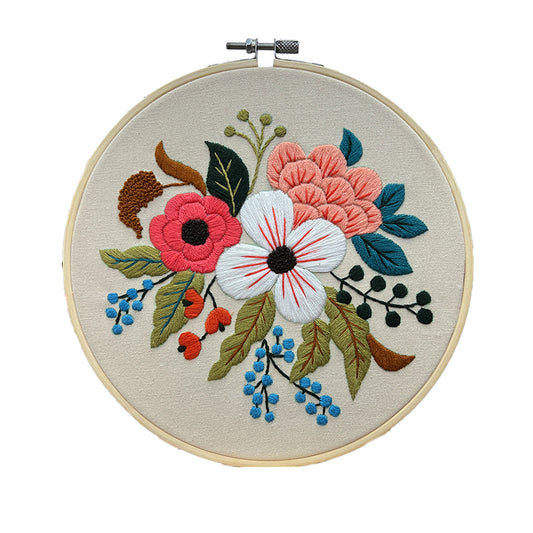 Floral Embroidery Kit for Beginners – Wildflower Bouquet on Natural Linen (Hoop Included)
