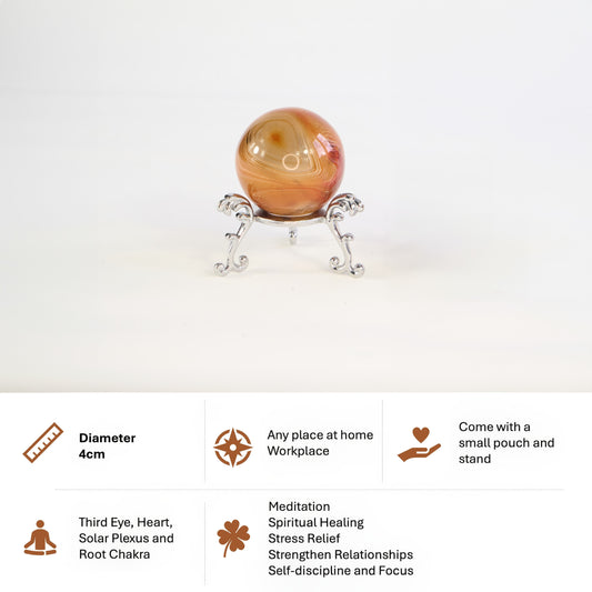 Sardonyx Sphere (4cm) with Gift Pouch & Stand - Perfect for Home Decor, Meditation and Emotional Healing, Feng Shui, Unique Gifts