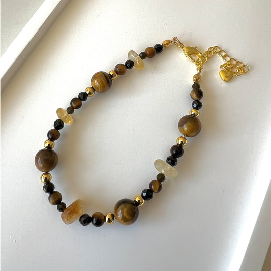 Tiger Eye, Black Spinel and Citrine Quartz Adjustable Bracelet - Promote manifestation and protect energy; Fit for wrist size 16 to 20cm