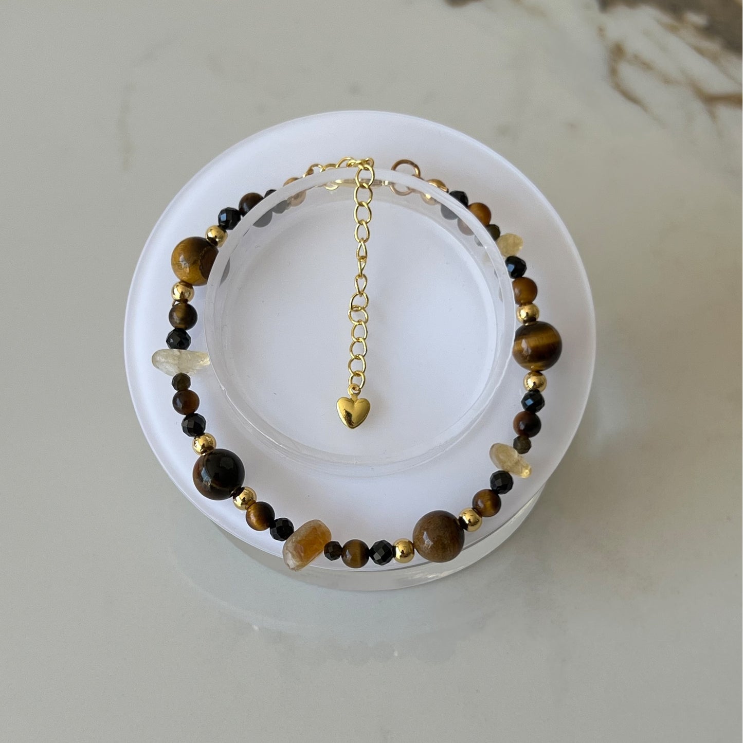 Tiger Eye, Black Spinel and Citrine Quartz Adjustable Bracelet - Promote manifestation and protect energy; Fit for wrist size 16 to 20cm