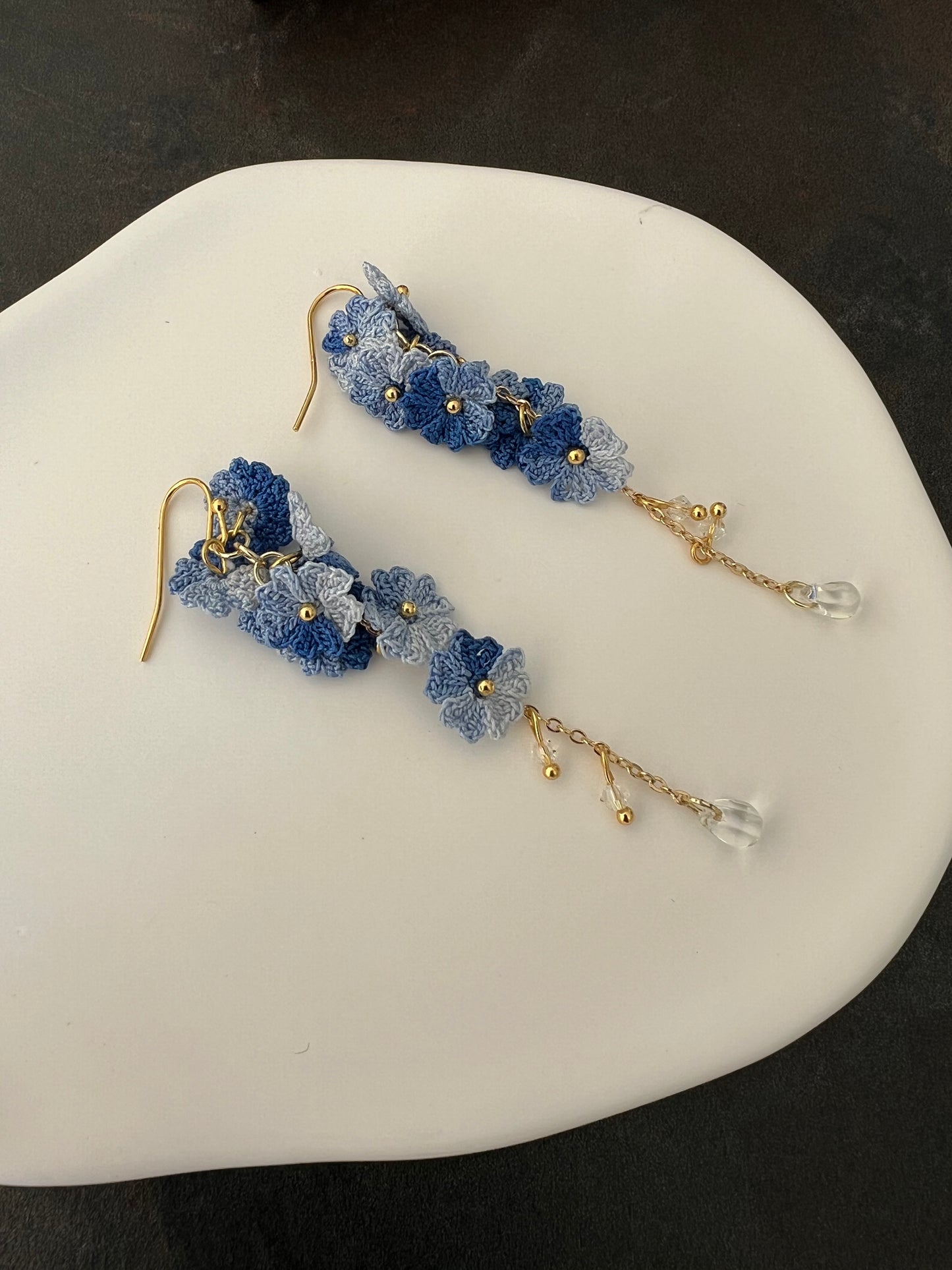 Yarntastic Handmade Micro-crochet 14K Gold Filled Dangle Earrings - Blue Blossoms