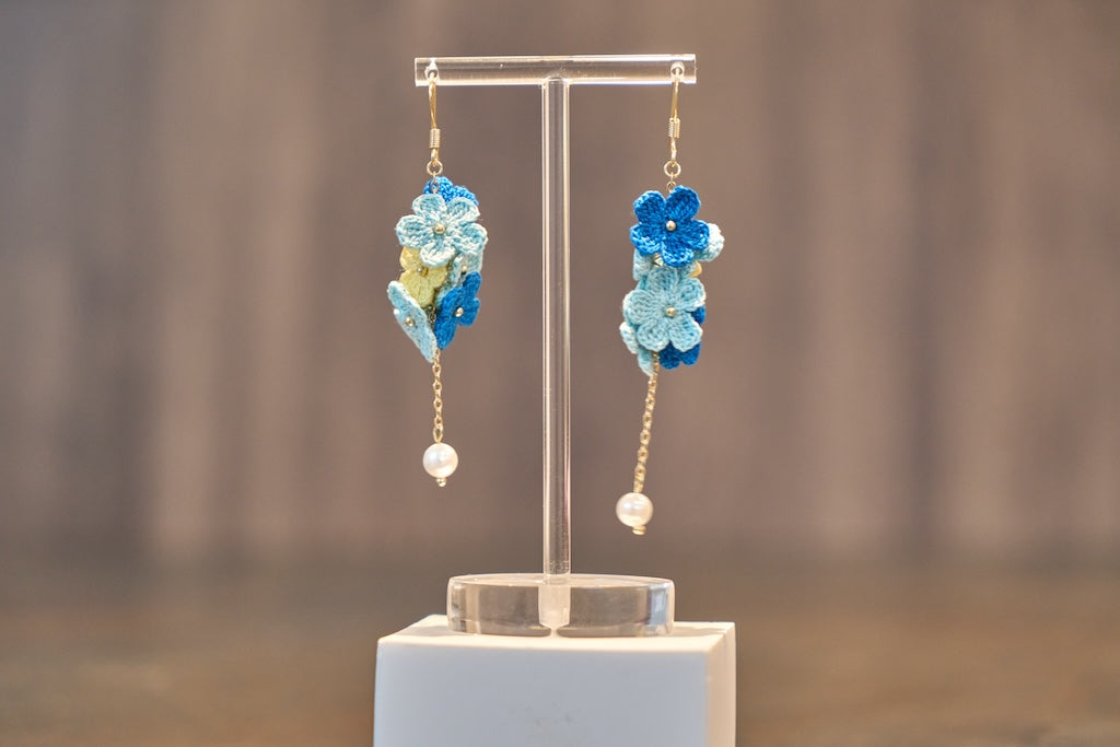 Yarntastic Handmade Micro-crochet 14K Gold Filled Dangle Earrings - Blue & Yellow Flowers