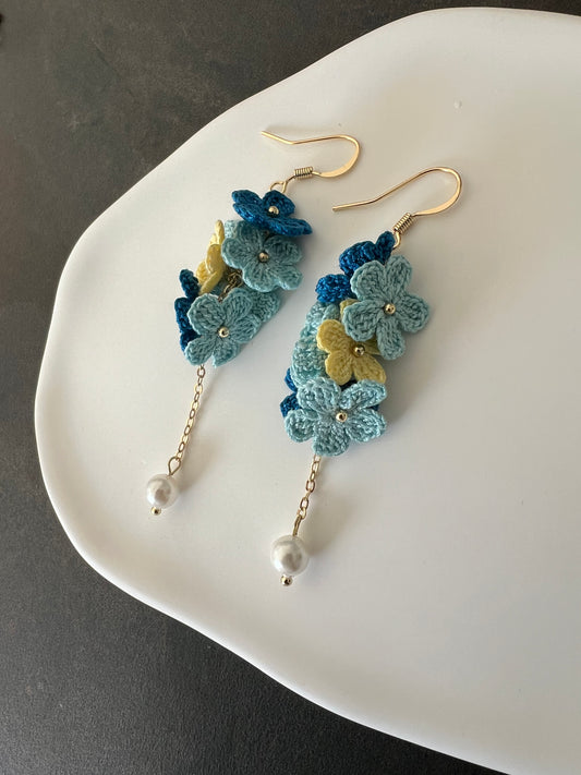 Yarntastic Handmade Micro-crochet 14K Gold Filled Dangle Earrings - Blue & Yellow Flowers