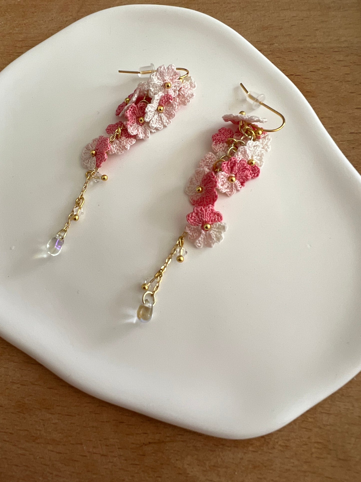 Yarntastic Handmade Micro-crochet 14K Gold Filled Dangle Earrings - Cherry Blossoms