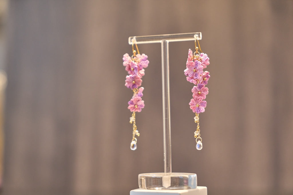 Yarntastic Handmade Micro-crochet 14K Gold Filled Dangle Earrings - Mauve Blossoms