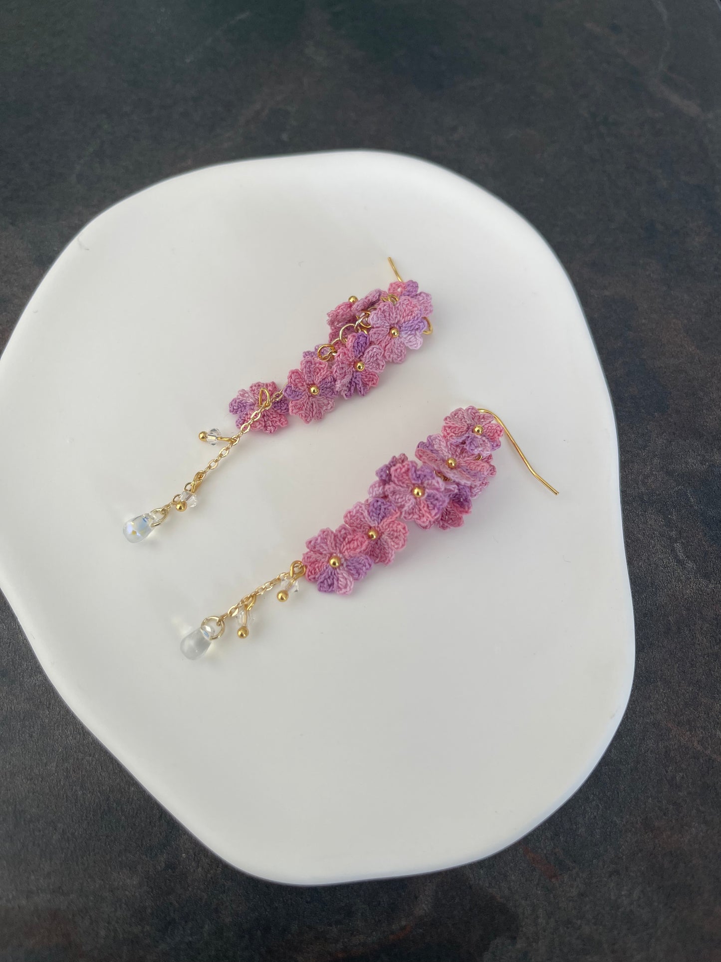 Yarntastic Handmade Micro-crochet 14K Gold Filled Dangle Earrings - Mauve Blossoms