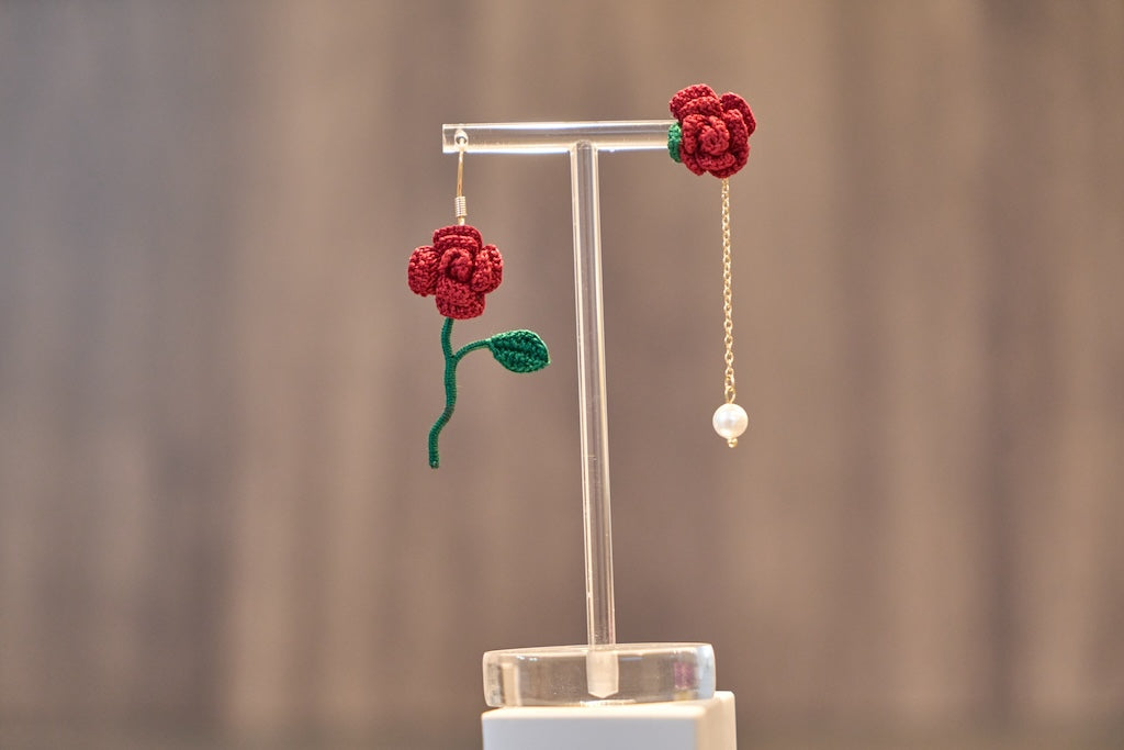 Yarntastic Handmade Micro-crochet 14K Gold Filled Dangle Earrings - Red Rose