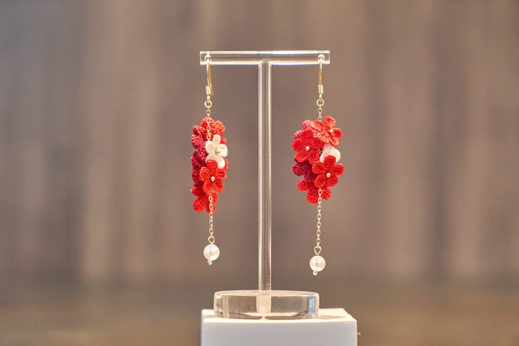 Yarntastic Handmade Micro-crochet 14K Gold Filled Dangle Earrings - Red & White Flowers