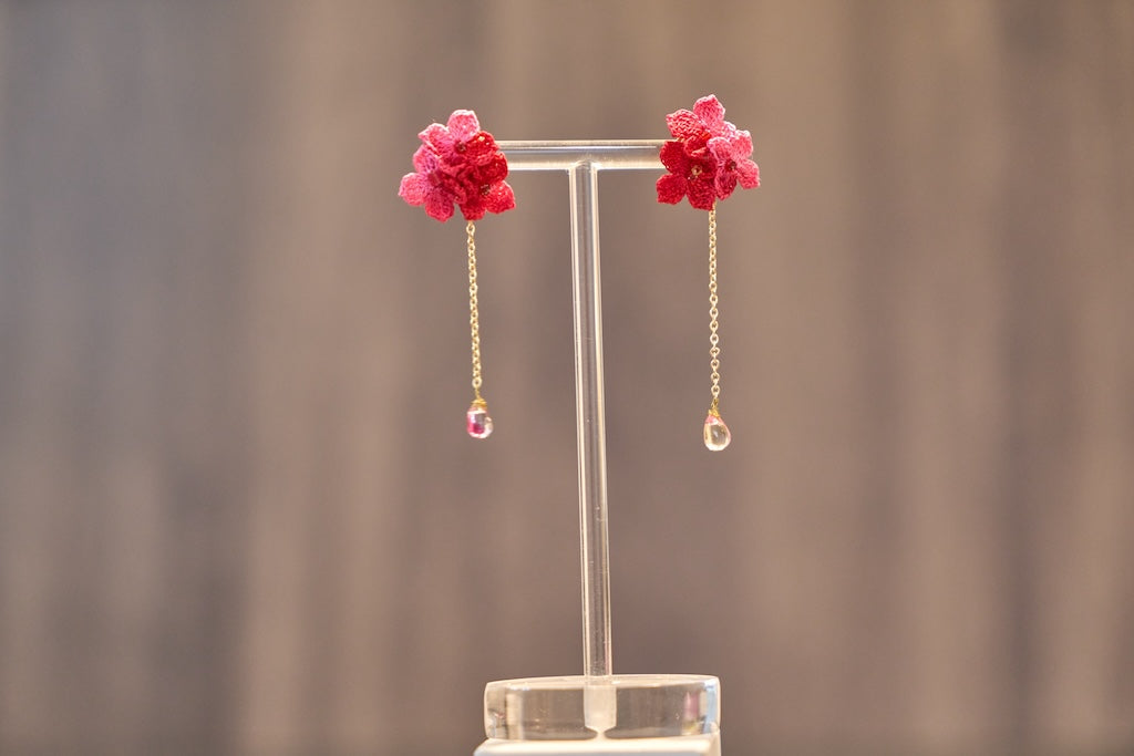 Yarntastic Handmade Micro-crochet 14K Gold Filled Dangle Earrings with Crystal Bead - Red Hydrangea