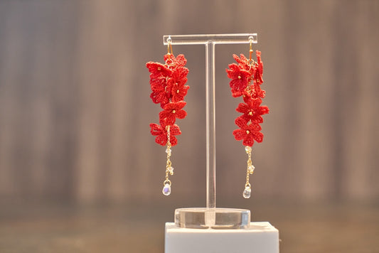 Yarntastic Handmade Micro-crochet 14K Gold Filled Dangle Earrings with Crystal Beads - Red Blossoms