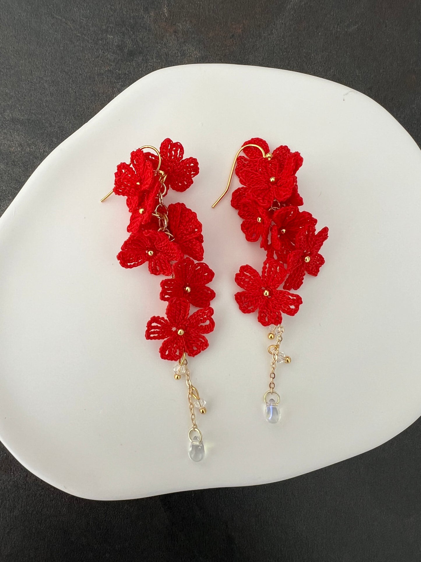 Yarntastic Handmade Micro-crochet 14K Gold Filled Dangle Earrings with Crystal Beads - Red Blossoms