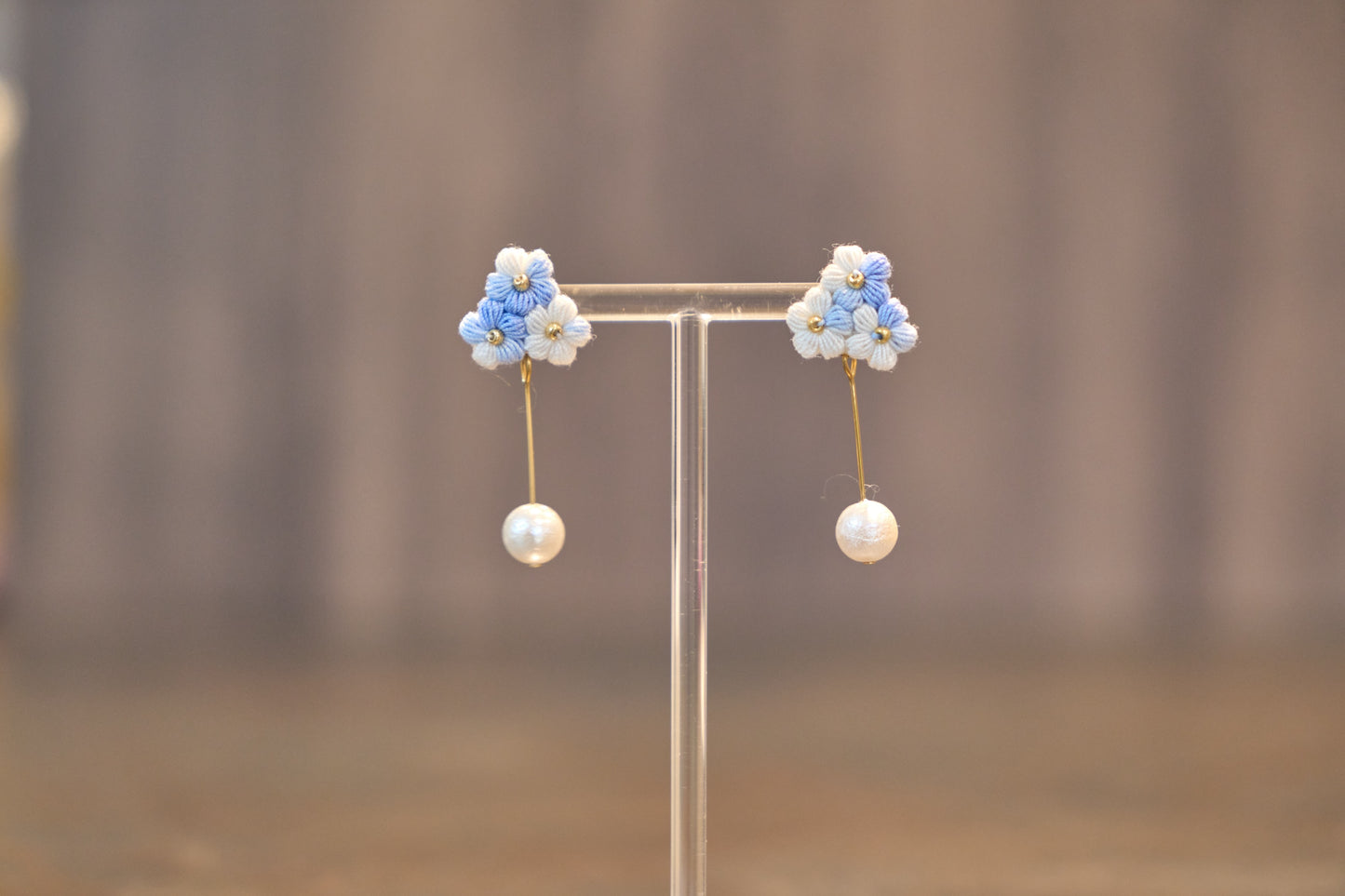 Yarntastic Handmade Micro-crochet 14K Gold Filled Dangle Earrings with Pearl-looking Beads Drop - Flowers