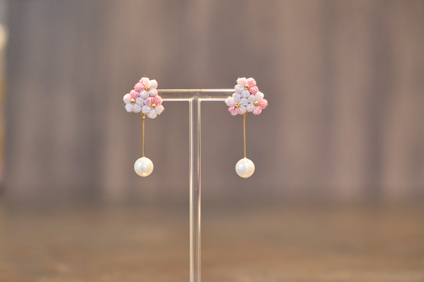 Yarntastic Handmade Micro-crochet 14K Gold Filled Dangle Earrings with Pearl-looking Beads Drop - Flowers