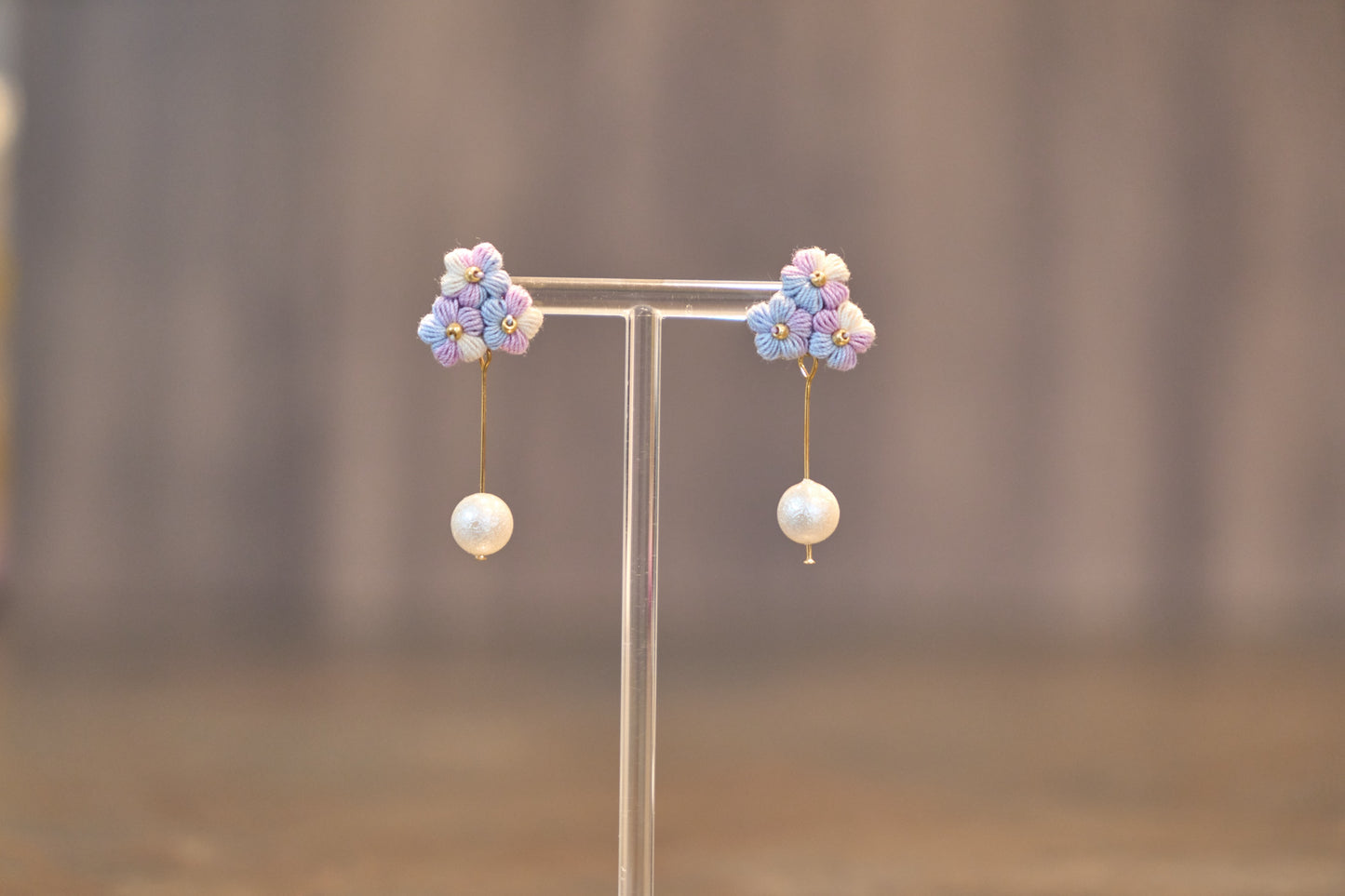 Yarntastic Handmade Micro-crochet 14K Gold Filled Dangle Earrings with Pearl-looking Beads Drop - Flowers