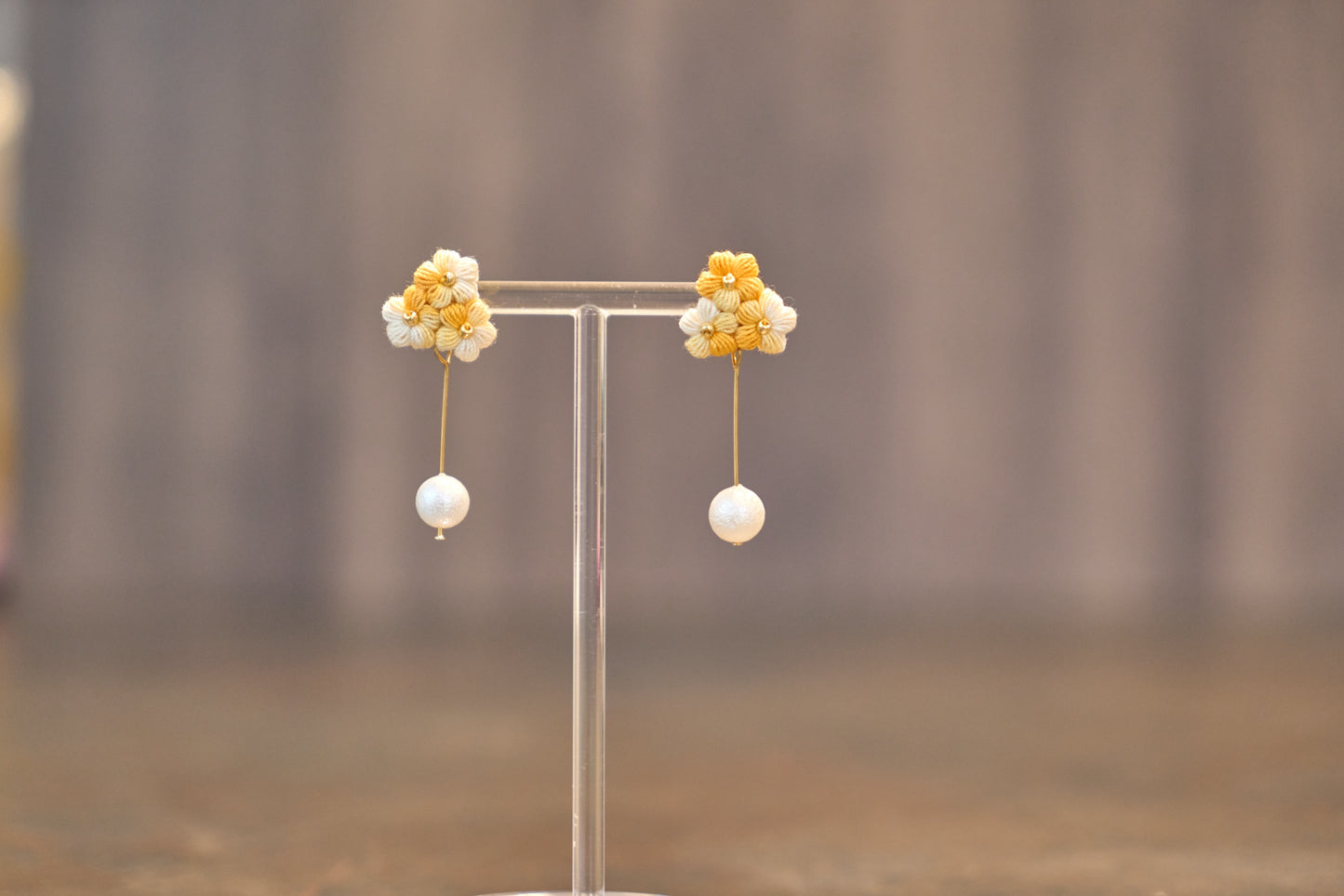 Yarntastic Handmade Micro-crochet 14K Gold Filled Dangle Earrings with Pearl-looking Beads Drop - Flowers