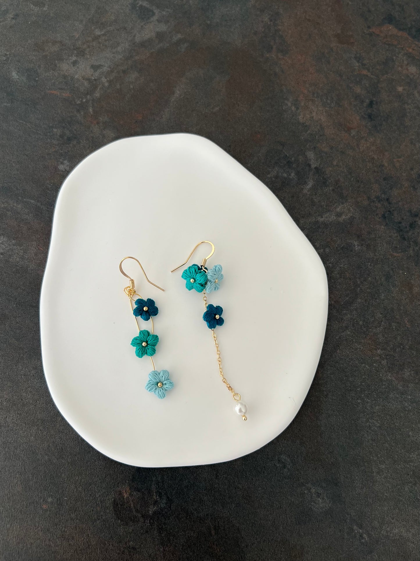 Yarntastic Handmade Micro-crochet 14K Gold Filled Dangle Earrings with Pearl Bead - Blue Flowers