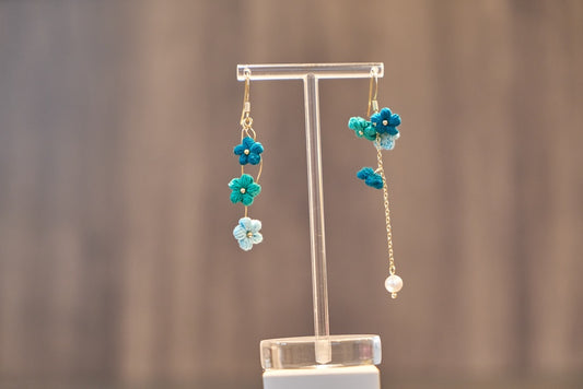 Yarntastic Handmade Micro-crochet 14K Gold Filled Dangle Earrings with Pearl Bead - Blue Flowers