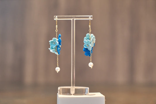 Yarntastic Handmade Micro-crochet 14K Gold Filled Dangle Earrings with Pearl Beads - Blue Flowers