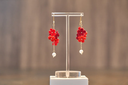 Yarntastic Handmade Micro-crochet 14K Gold Filled Dangle Earrings with Pearl Beads - Red Flowers