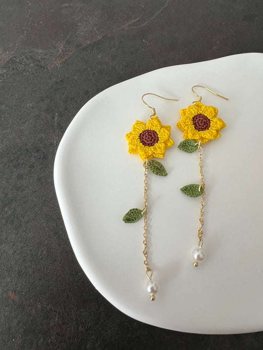 Yarntastic Handmade Micro-crochet 14K Gold Filled Dangle Earrings with Pearl Looking Beads - Sunflowers