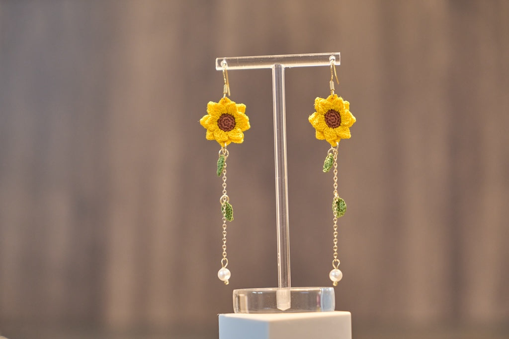 Yarntastic Handmade Micro-crochet 14K Gold Filled Dangle Earrings with Pearl Looking Beads - Sunflowers