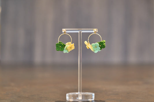 Yarntastic Handmade Micro-crochet 14K Gold Filled Dangle Hoop Earrings - Green & Yellow Flowers