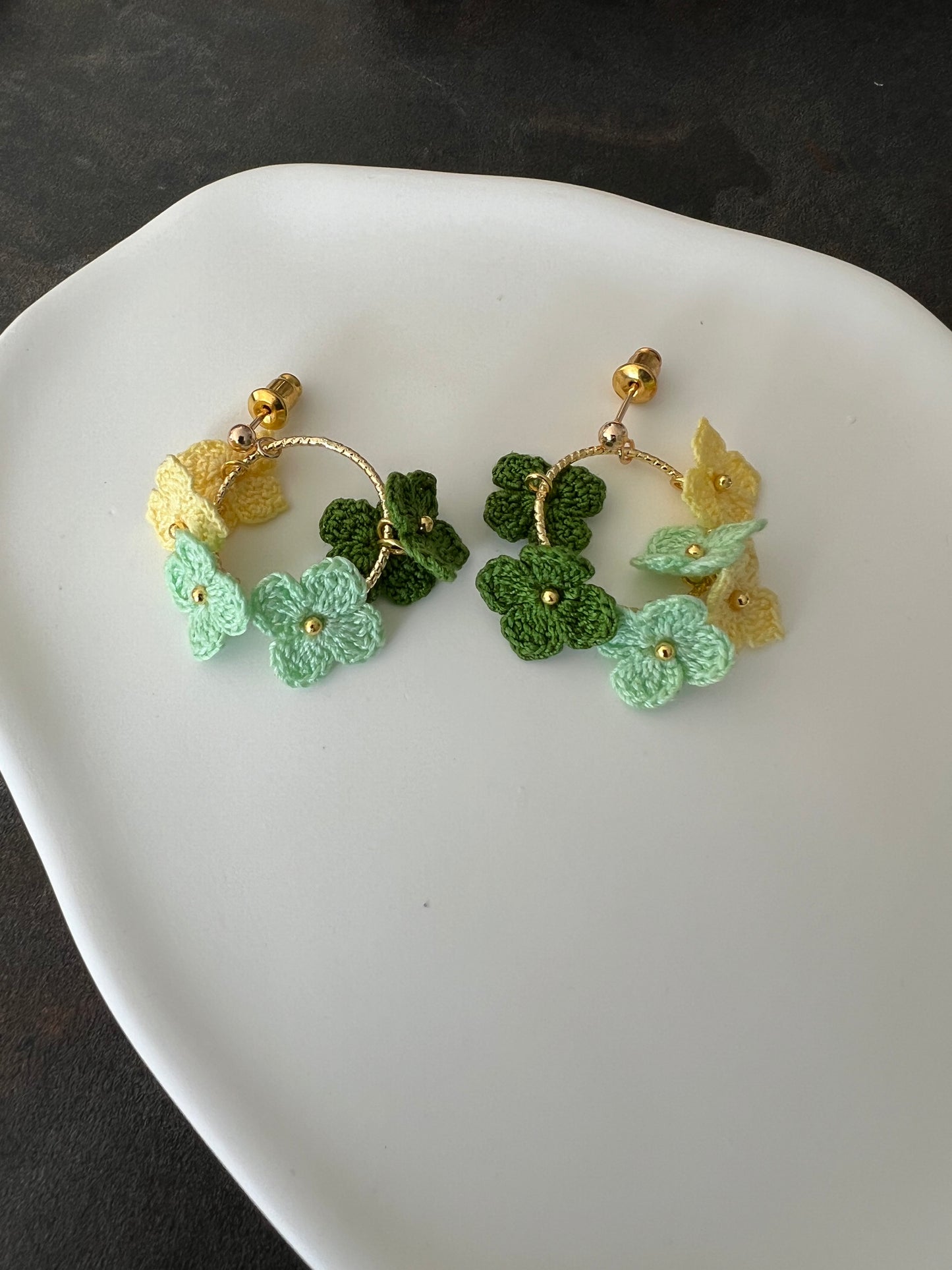 Yarntastic Handmade Micro-crochet 14K Gold Filled Dangle Hoop Earrings - Green & Yellow Flowers