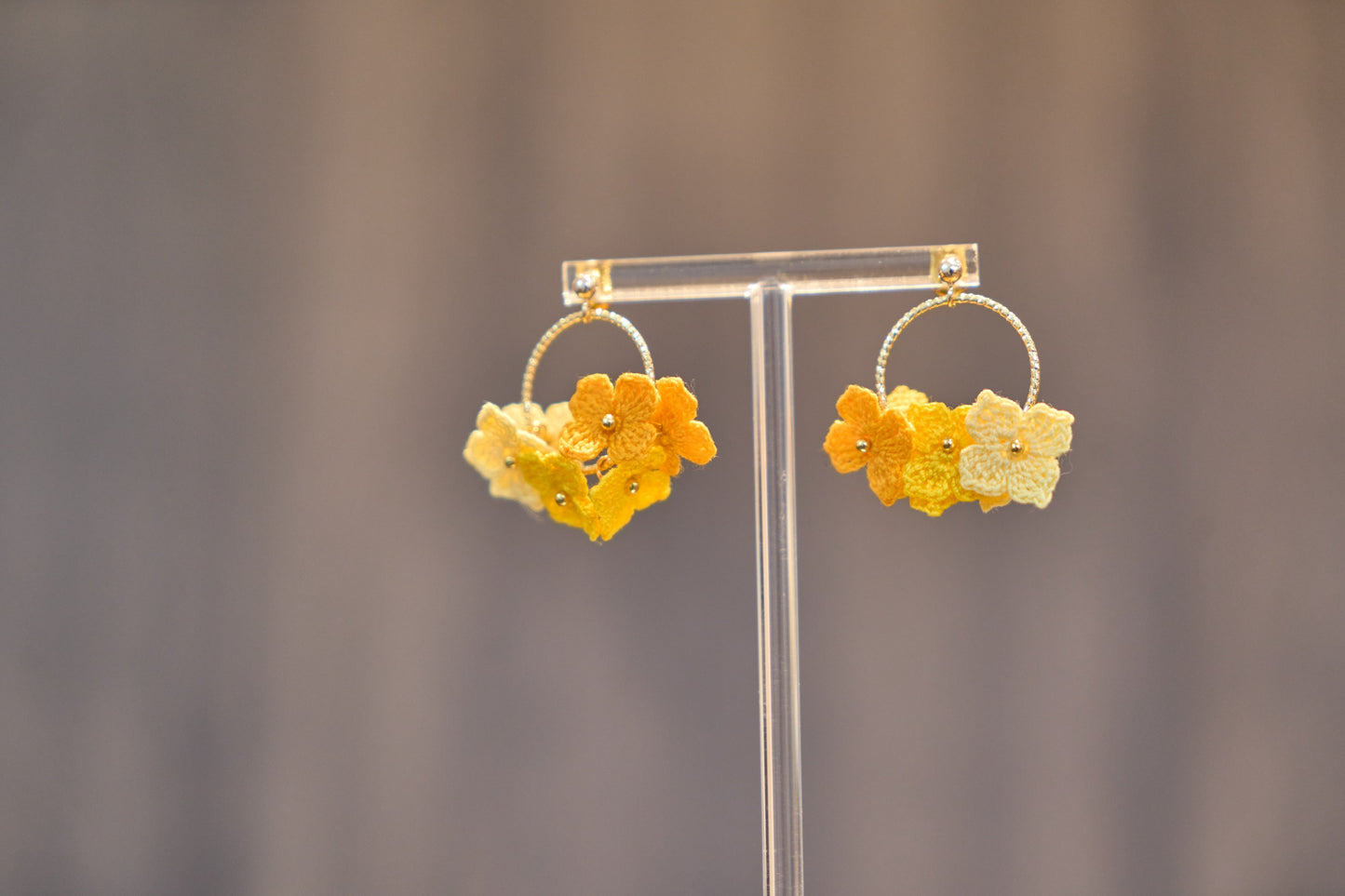 Yarntastic Handmade Micro-crochet 14K Gold Filled Dangle Hoop Earrings - Orange & Yellow Flowers