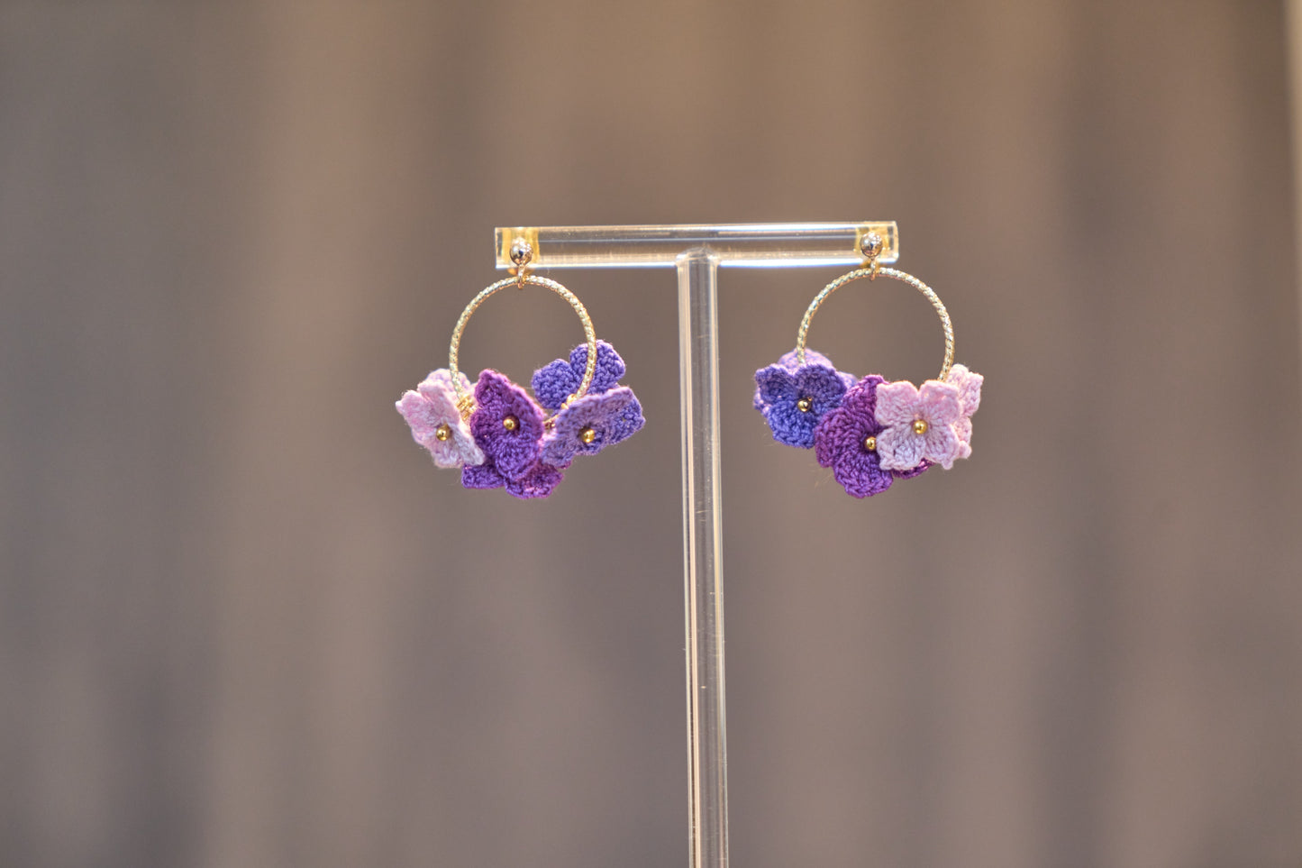 Yarntastic Handmade Micro-crochet 14K Gold Filled Dangle Hoop Earrings - Purple Flowers