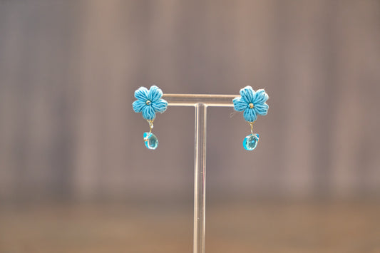 Yarntastic Handmade Micro-crochet 14K Gold Filled Earrings with Crystal Bead - Little Blue Daisy