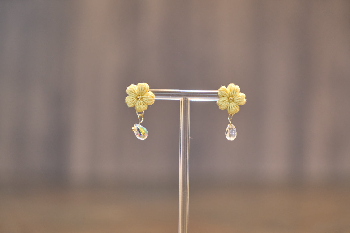 Yarntastic Handmade Micro-crochet 14K Gold Filled Earrings with Crystal Bead - Little Yellow Daisy