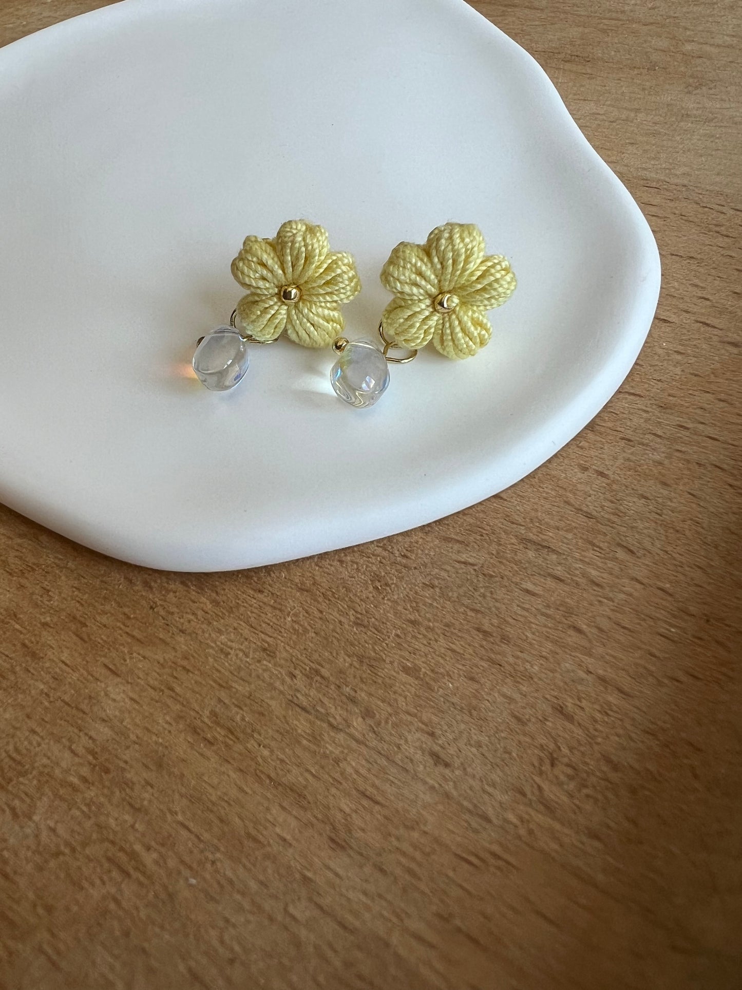 Yarntastic Handmade Micro-crochet 14K Gold Filled Earrings with Crystal Bead - Little Yellow Daisy