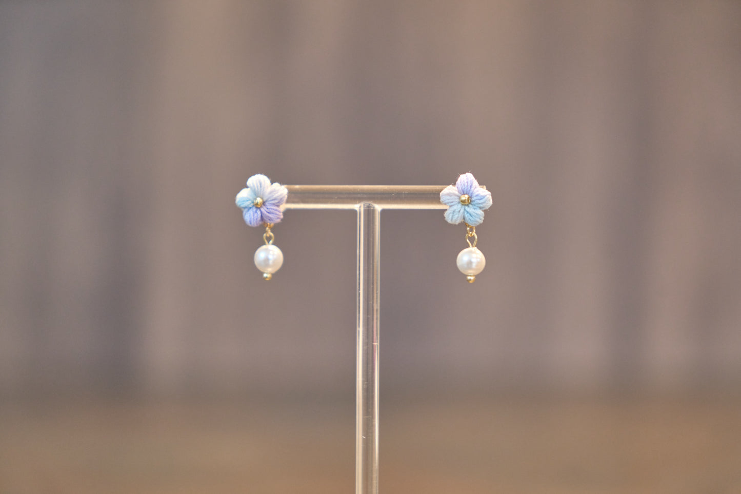 Yarntastic Handmade Micro-crochet 14K Gold Filled Stud Earrings with Pearl-looking Bead - Mini Blue Daisy