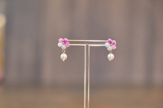 Yarntastic Handmade Micro-crochet 14K Gold Filled Stud Earrings with Pearl-looking Bead - Mini Purple Daisy