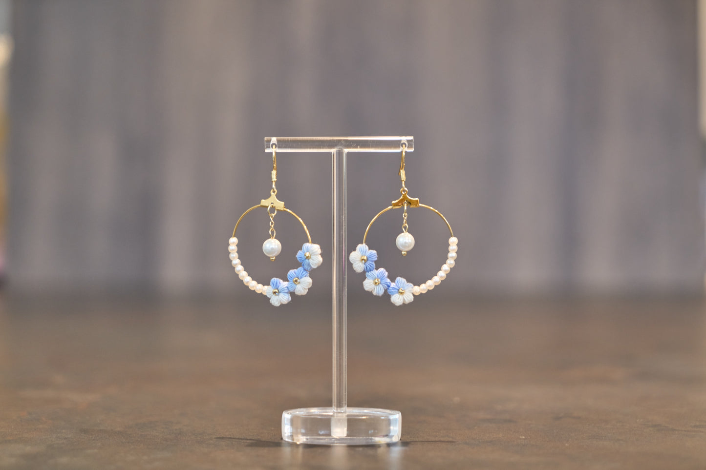 Yarntastic Handmade Micro-crochet Flowers 14K Gold Filled Dangle Earrings with Pearl-looking Beads Hoop