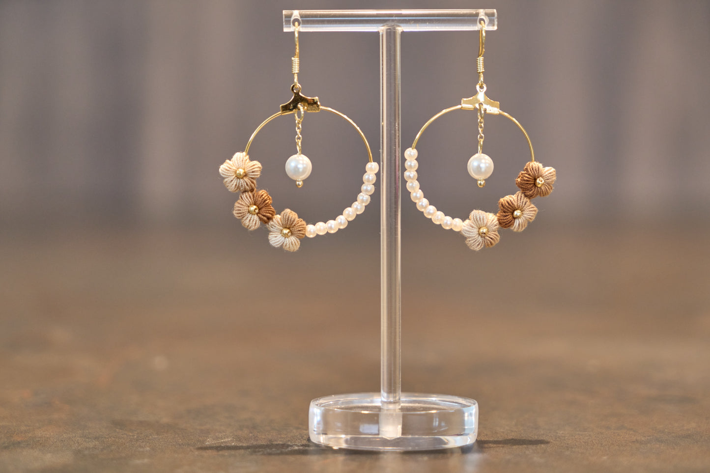 Yarntastic Handmade Micro-crochet Flowers 14K Gold Filled Dangle Earrings with Pearl-looking Beads Hoop